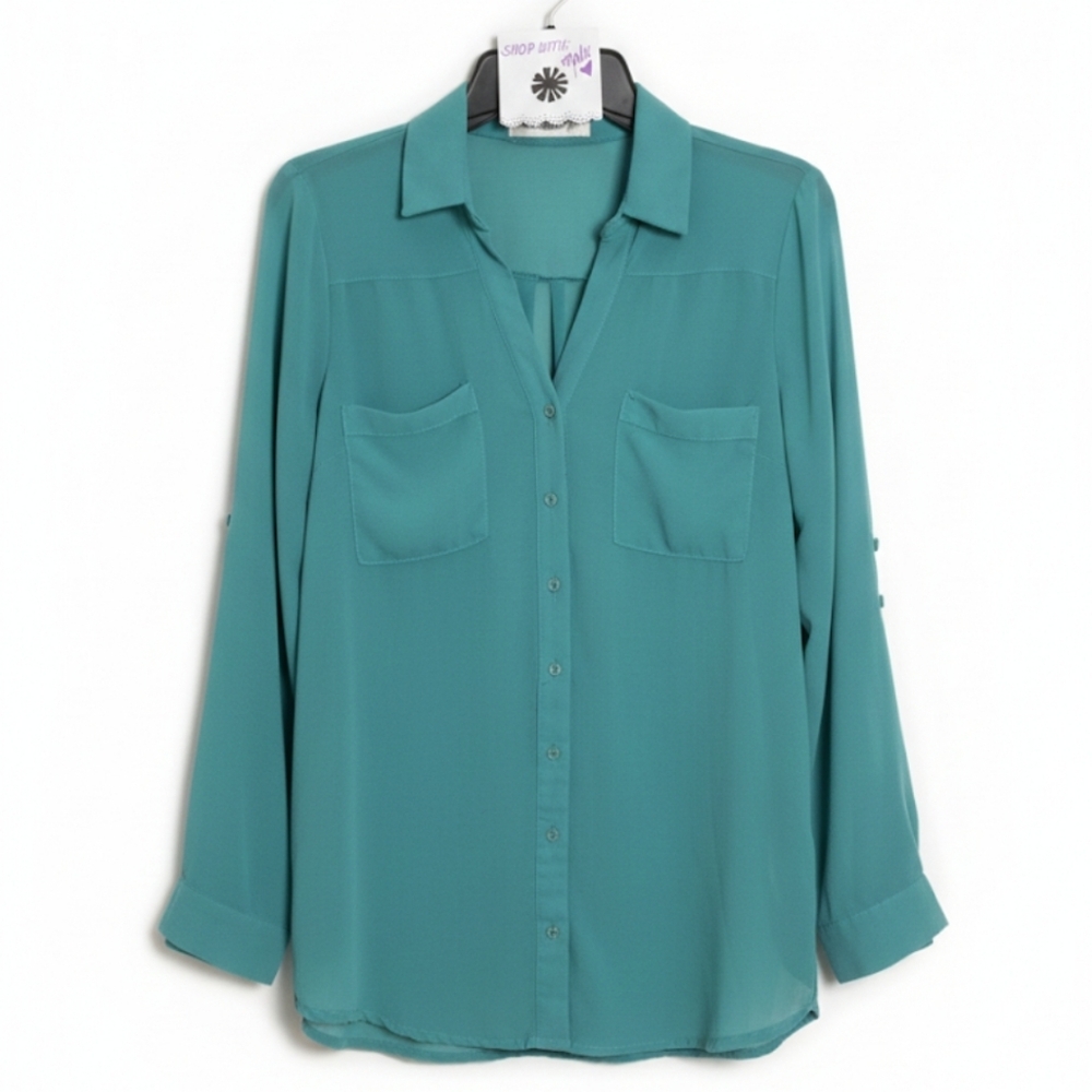 Sugarmint Teal Button-Up Blouse With Back Tie